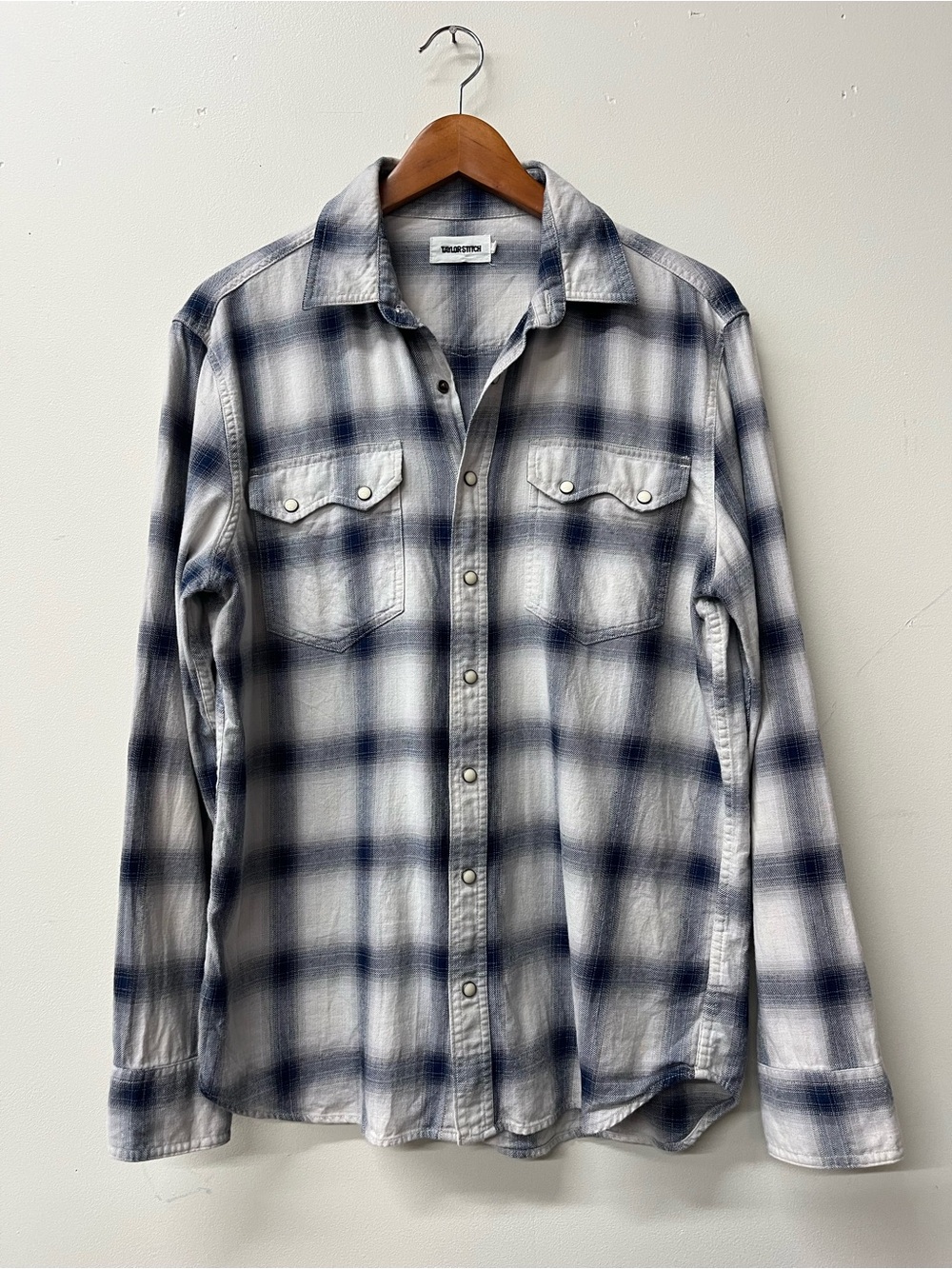 Taylor Stitch Western Pearl Snap Flannel Shirt Men's Medium Plaid Gray White 40